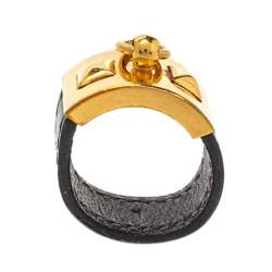 Pre Owned Hermes Collier De Chien Gold Plated and Black Leather Band Ring Size EU 61
