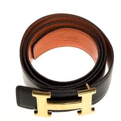 Pre Owned Hermes Noir/Orange Box Calf and Togo H Buckle Reversible Belt 90CM