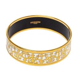 Pre Owned Hermes Balcons du Guadalquivir White Enamel Gold Plated Bangle