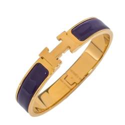 Pre Owned Hermès Clic H Purple Enamel Gold Plated Narrow Bracelet PM