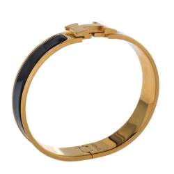 Pre Owned Hermès Clic H Black Enamel Gold Plated Narrow Bracelet PM