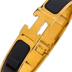 Pre Owned Hermès Clic H Black Enamel Gold Plated Narrow Bracelet PM
