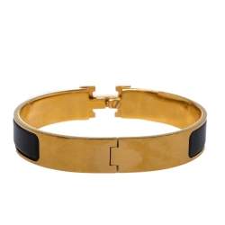 Pre Owned Hermès Clic H Black Enamel Gold Plated Narrow Bracelet PM