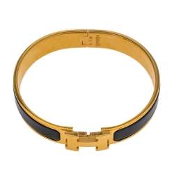 Pre Owned Hermès Clic H Black Enamel Gold Plated Narrow Bracelet PM