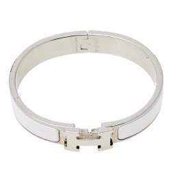 Pre Owned Hermès Clic H White Enamel Palladium Plated Narrow Bracelet PM