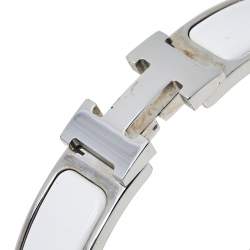 Pre Owned Hermès Clic H White Enamel Palladium Plated Narrow Bracelet PM