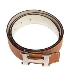 Pre Owned Hermes White/Natural Chamonix and Epsom Leather H Gris Moyen Reversible Belt 90CM