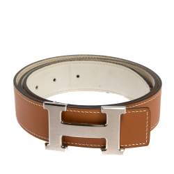 Pre Owned Hermes White/Natural Chamonix and Epsom Leather H Gris Moyen Reversible Belt 90CM