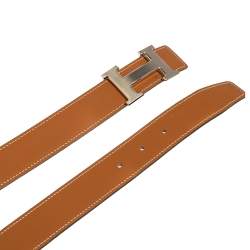 Pre Owned Hermes White/Natural Chamonix and Epsom Leather H Gris Moyen Reversible Belt 90CM