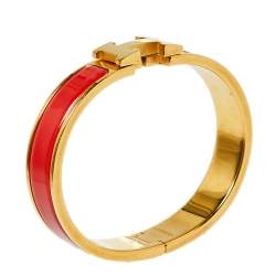 Pre Owned Hermès Clic H Red Enamel Gold Plated Narrow Bracelet PM 