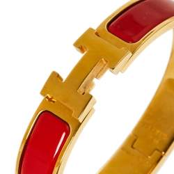 Pre Owned Hermès Clic H Red Enamel Gold Plated Narrow Bracelet PM 