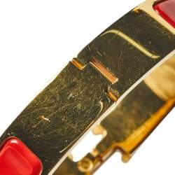 Pre Owned Hermès Clic H Red Enamel Gold Plated Narrow Bracelet PM 