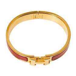 Pre Owned Hermès Clic H Red Enamel Gold Plated Narrow Bracelet PM 