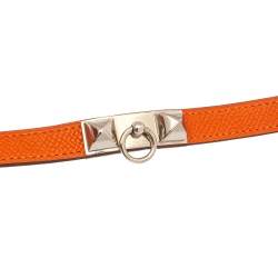Pre Owned Hermès Orange Leather Palladium Plated Rivale Double Tour Bracelet M