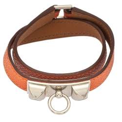 Pre Owned Hermès Orange Leather Palladium Plated Rivale Double Tour Bracelet M