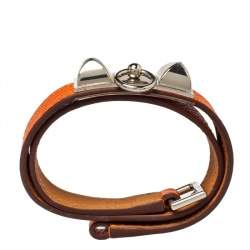Pre Owned Hermès Orange Leather Palladium Plated Rivale Double Tour Bracelet M