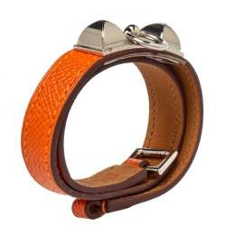 Pre Owned Hermès Orange Leather Palladium Plated Rivale Double Tour Bracelet M