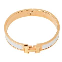 Pre Owned Hermès Clic H White Enamel Rose Gold Plated Narrow Bracelet PM