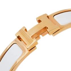 Pre Owned Hermès Clic H White Enamel Rose Gold Plated Narrow Bracelet PM