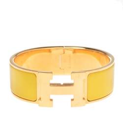Pre Owned Hermès Clic Clac H Yellow Enamel Gold Plated Wide Bracelet PM
