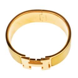 Pre Owned Hermès Clic Clac H Yellow Enamel Gold Plated Wide Bracelet PM