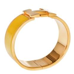 Pre Owned Hermès Clic Clac H Yellow Enamel Gold Plated Wide Bracelet PM
