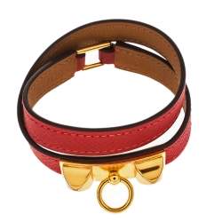 Pre Owned Hermes Rouge Casaque Epsom Leather Gold Plated Rivale Double Tour Bracelet S