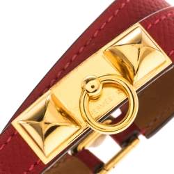 Pre Owned Hermes Rouge Casaque Epsom Leather Gold Plated Rivale Double Tour Bracelet S