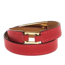 Pre Owned Hermes Rouge Casaque Epsom Leather Gold Plated Rivale Double Tour Bracelet S