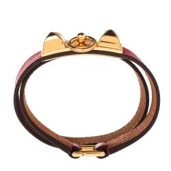 Pre Owned Hermes Rouge Casaque Epsom Leather Gold Plated Rivale Double Tour Bracelet S
