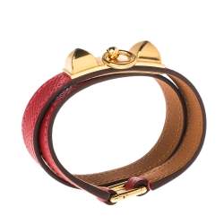 Pre Owned Hermes Rouge Casaque Epsom Leather Gold Plated Rivale Double Tour Bracelet S