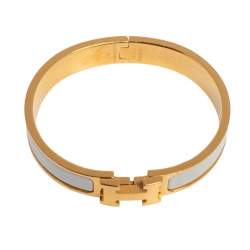 Pre Owned Hermès Clic H White Enamel Gold Plated Narrow Bracelet PM