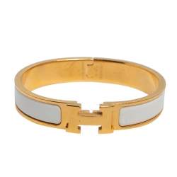 Pre Owned Hermès Clic H White Enamel Gold Plated Narrow Bracelet PM