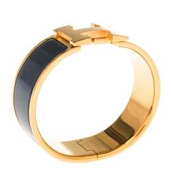 Pre Owned Hermes Clic Clac H Grey Enamel Gold Plated Wide Bracelet PM