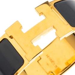 Pre Owned Hermes Clic Clac H Grey Enamel Gold Plated Wide Bracelet PM