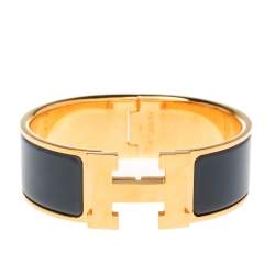 Pre Owned Hermes Clic Clac H Grey Enamel Gold Plated Wide Bracelet PM