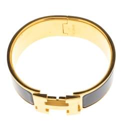Pre Owned Hermes Clic Clac H Grey Enamel Gold Plated Wide Bracelet PM