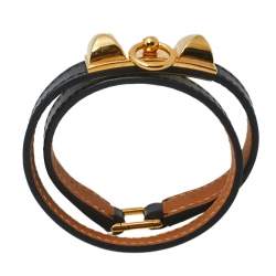 Pre Owned Hermès Black Leather Rivale Double Tour Bracelet S
