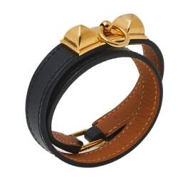 Pre Owned Hermès Black Leather Rivale Double Tour Bracelet S