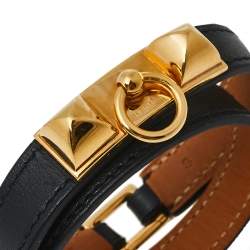 Pre Owned Hermès Black Leather Rivale Double Tour Bracelet S