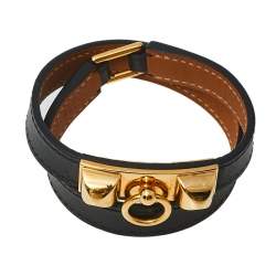Pre Owned Hermès Black Leather Rivale Double Tour Bracelet S