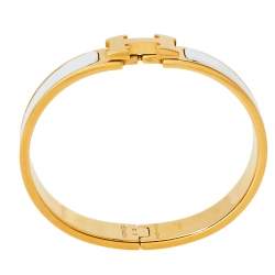 Pre Owned Hermès Clic H White Enamel Rose Gold Plated Narrow Bracelet PM