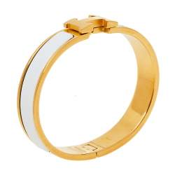 Pre Owned Hermès Clic H White Enamel Rose Gold Plated Narrow Bracelet PM