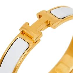 Pre Owned Hermès Clic H White Enamel Rose Gold Plated Narrow Bracelet PM