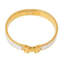 Pre Owned Hermès Clic H White Enamel Rose Gold Plated Narrow Bracelet PM
