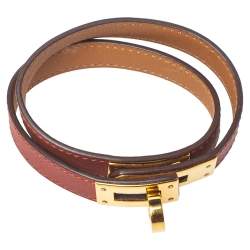 Pre Owned Hermés Cuivre Swift Leather Gold Plated Mini Kelly Double Tour Bracelet T2