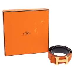 Pre Owned Hermes Orange/Noir Epsom and Box Leather Constance Reversible Belt 100 CM