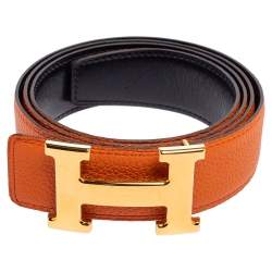 Pre Owned Hermes Orange/Noir Epsom and Box Leather Constance Reversible Belt 100 CM