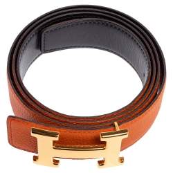 Pre Owned Hermes Orange/Noir Epsom and Box Leather Constance Reversible Belt 100 CM