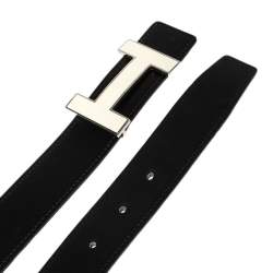 Pre Owned Hermes Noir/Bleu Jeans Chamonix and Togo Leather Constance Reversible Belt 90 CM